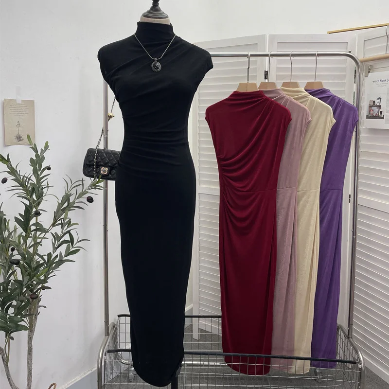 Nigikala Nigikala Unique Dress With Thin Folds And Hips High-Collar After The Opening Of The Fork Dress 8858