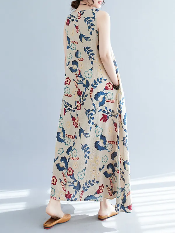 Round Neck Dandelion Print Loose Long Sleeve Maxi Dress main image 0
