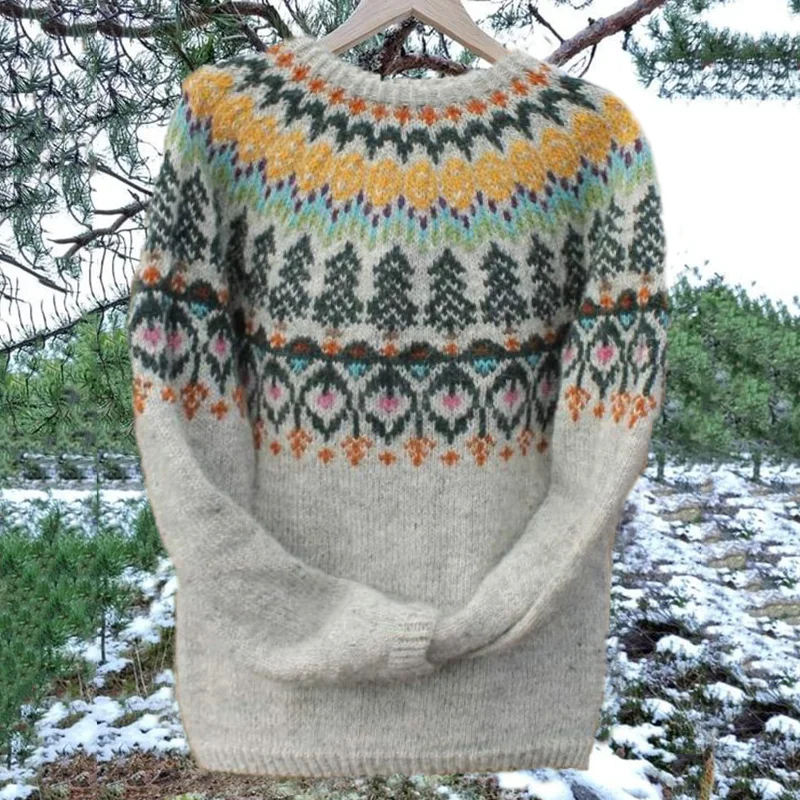 Unisex Vintage Icelandic Tree Knit Jacquard Warmth Crew Neck Sweater