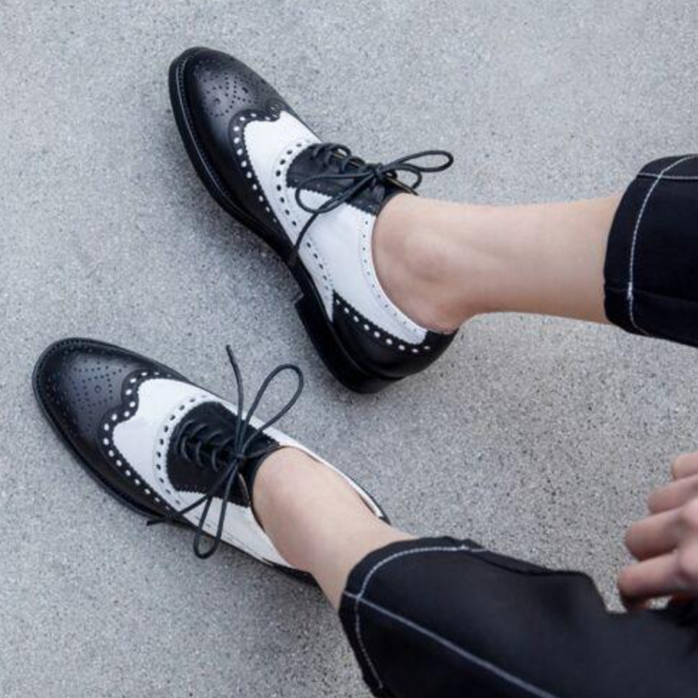 Black & White Colorblock Round Toe Vintage Women's Oxford Shoes Nicepairs