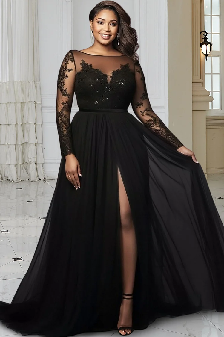 Xpluswear Design Plus Size Wedding Black Boat Neck Long Sleeve See Through Elegant Split Chiffon Lace Maxi Dresses [Pre-Order]