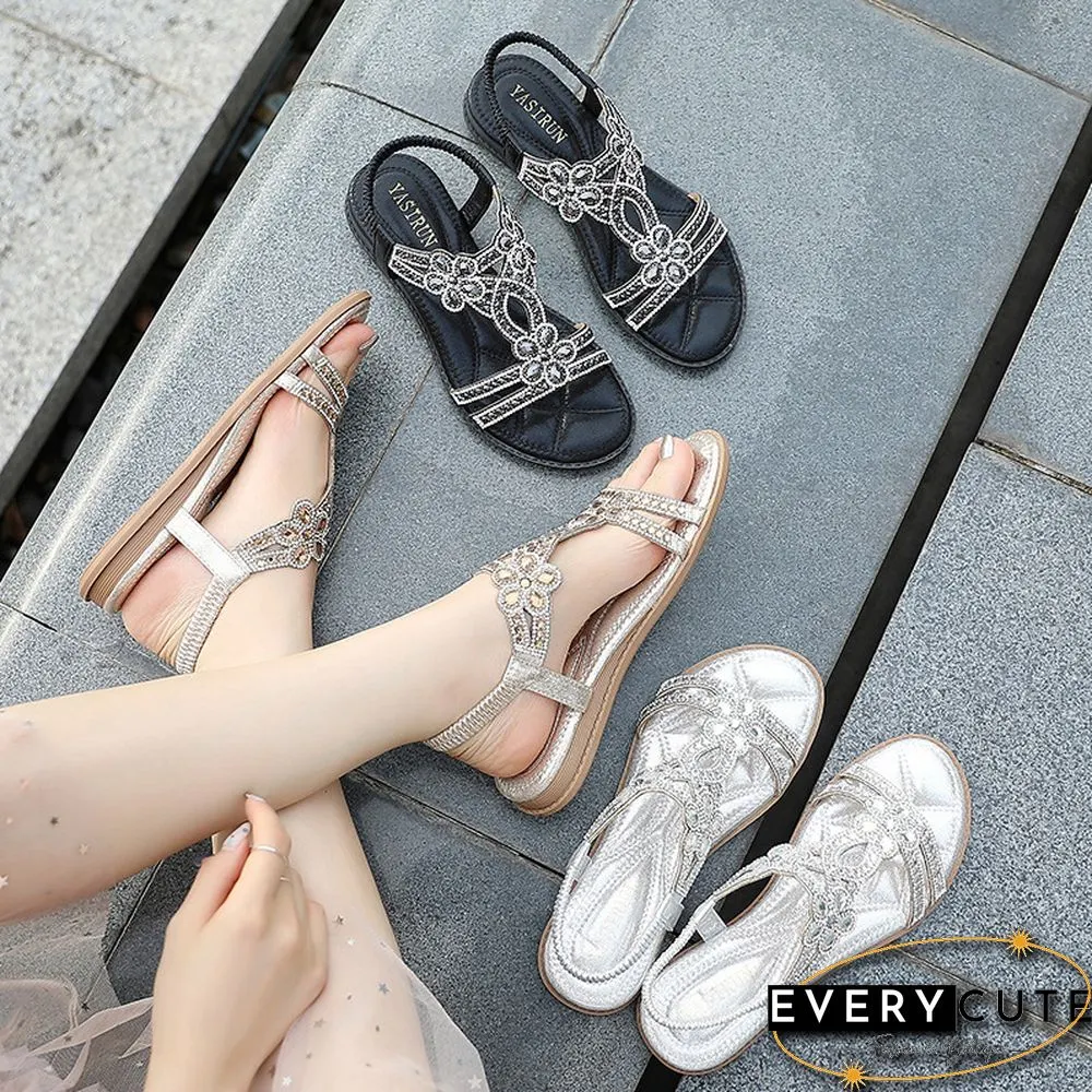 Crystal Women's Sandals Gold Silver Weddings Ladies Sandals Flat Summer Shoes Casual Woman Big Size 40 41 Sandalia Feminina