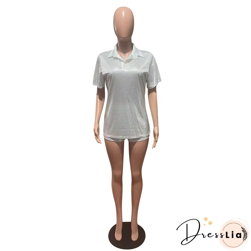 Short Sleeve Bronzing T-Shirt Casual Biker Shorts Outfit