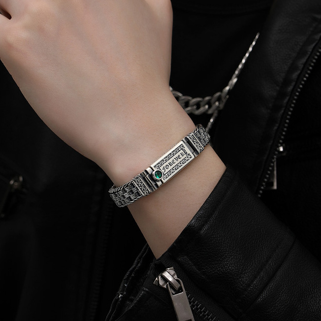 Grass Pattern Six-character Mantra Forever 925 Silver Mens Bracelet