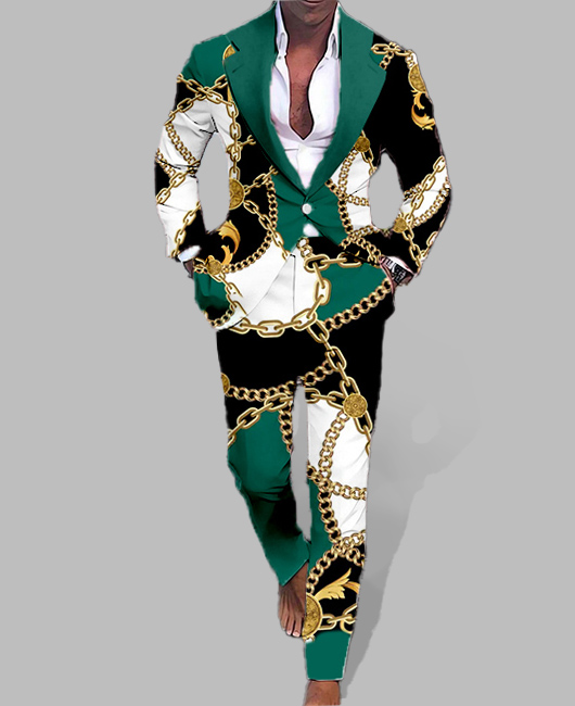 Chain Print Colorblock Notch Lapel Blazer & Pants 2Pcs Set