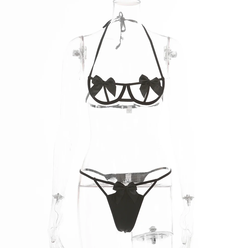 Billionm Women Lace Lingerie Red Bow Knot Transparent Bra and Panty Set Lenceria Para Mujer See Through Femme Ropa Interior 2021 Sexy