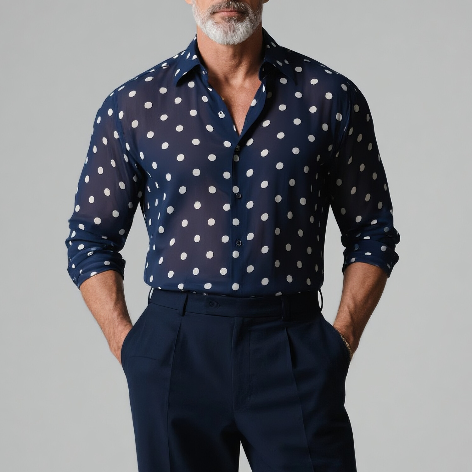 Men's Retro Polka Dot Long Sleeve Semi-Sheer Shirt