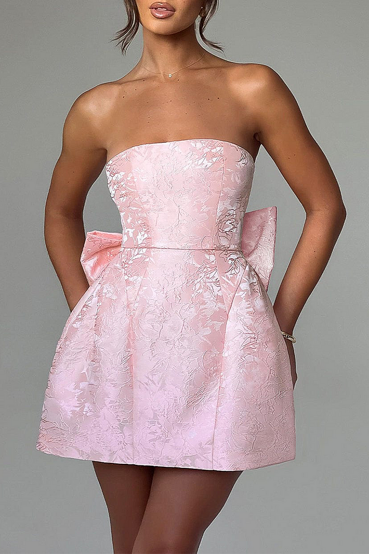 Jacquard Boat Neck A-Line Puffy Hem Back Bow Cocktail Party Mini Dresses-Pink