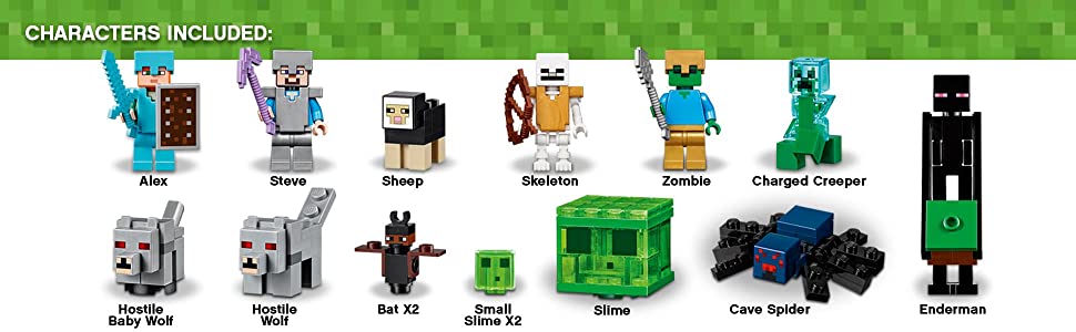 minecraft, gaming, mountain, cave, steve, alex, minecart, lego, bat, wolf, sheep, skeleton, creeper
