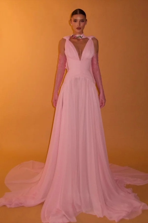 Candy Pink Dreamy Deep V-neck Flower Pleated Prom Dress With Lace Gloves｜Acodress YK0015