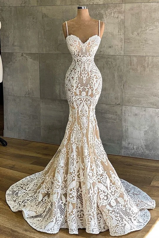 Glamorous Mermaid Long Sleevess Lace Wedding Dresses Scoop Appliques Detachable  Skirt Bridal Gowns – Ballbella