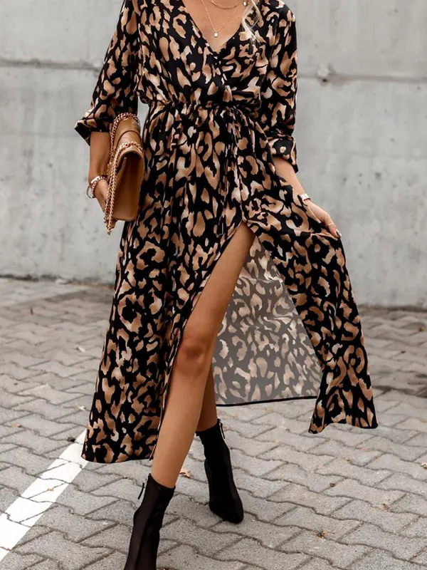 Floerns Women's Leopard Print Bodycon Midi Dress – Long Sleeve, Side Split, Party & Night Out Look - View #6