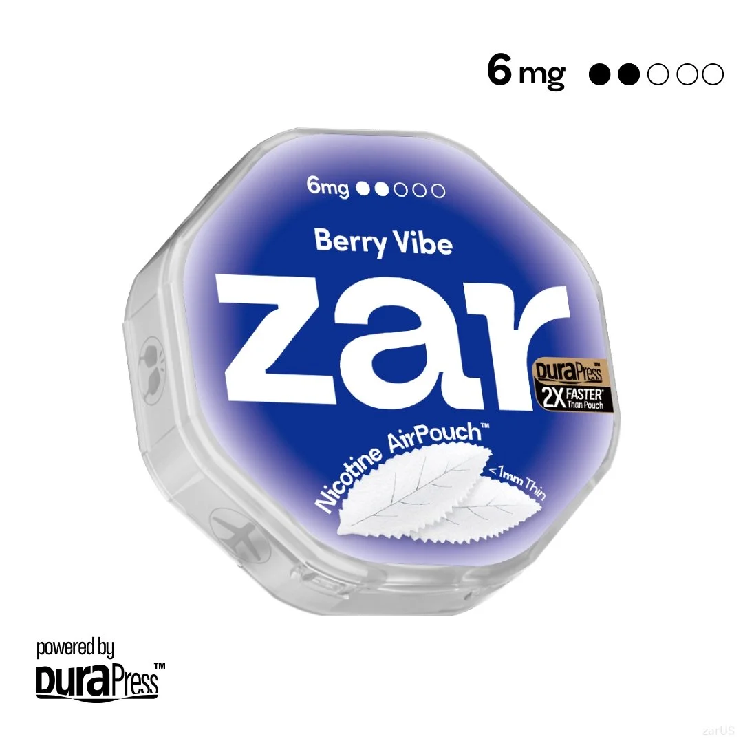 Zar Pouch Berry Vibe 6mg nicotine pouch tin product photo with fresh blueberries and strawberry