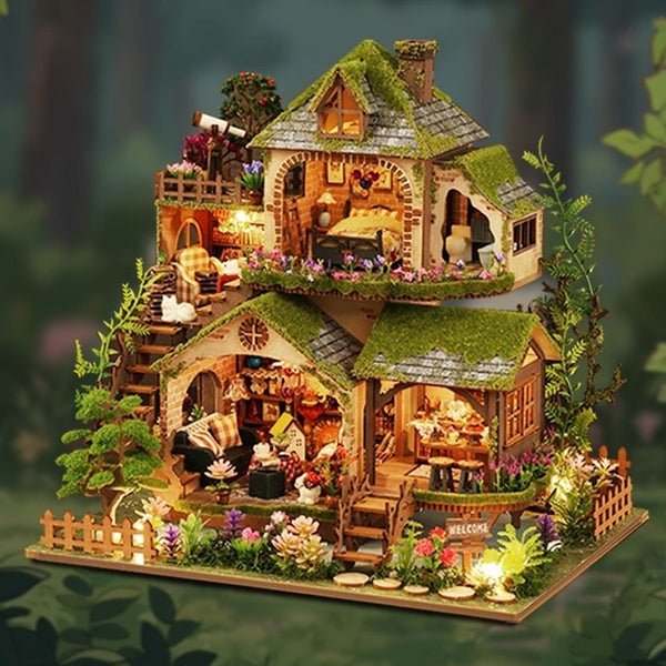 Forest Adventure DIY Miniature House Kit, featuring a forest cabin