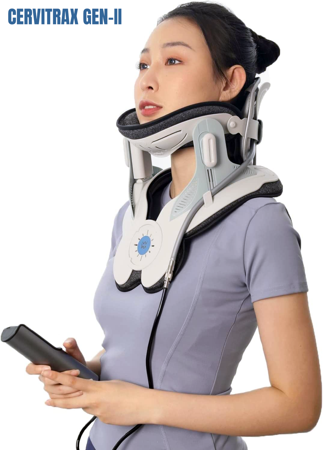 A modern cervical traction device designed to provide neck pain relief. The Cervitrax Gen-2 features an ergonomic design with adjustable straps, comfortable padding, and an easy-to-use inflation pump. The device is shown in use, supporting the user's neck and gently stretching the cervical spine for therapeutic benefits.