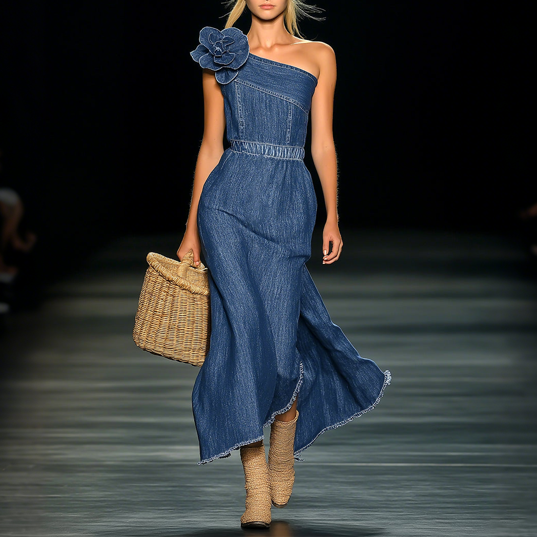 Elegant Strapless Denim 3D Floral Maxi Dress