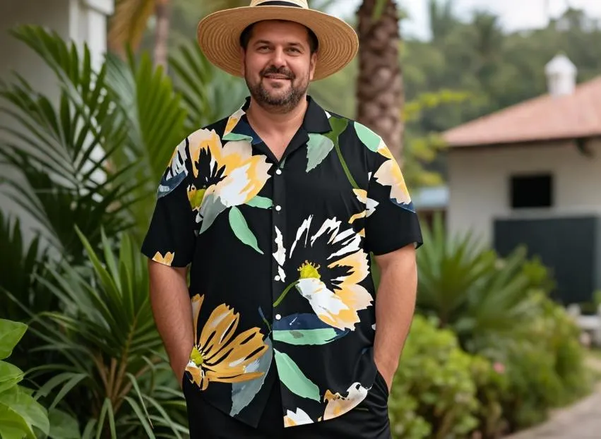 a big guy wearing big men's Hawaiian shirts with large floral prints