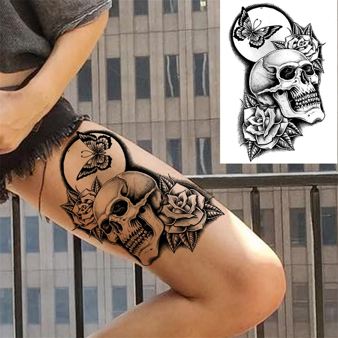 Flower Skull Temporary Tattoos For Women Men Adults Evil Skeleton Tattoo Sticker Fake Lavender Big Rose Black Tatoos Body Thigh