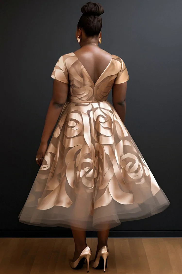 Xpluswear Design Plus Size Wedding Guest Champagne Floral Round Neck Short Sleeve See Through Elegant Midi Dresses [Pre-Order]