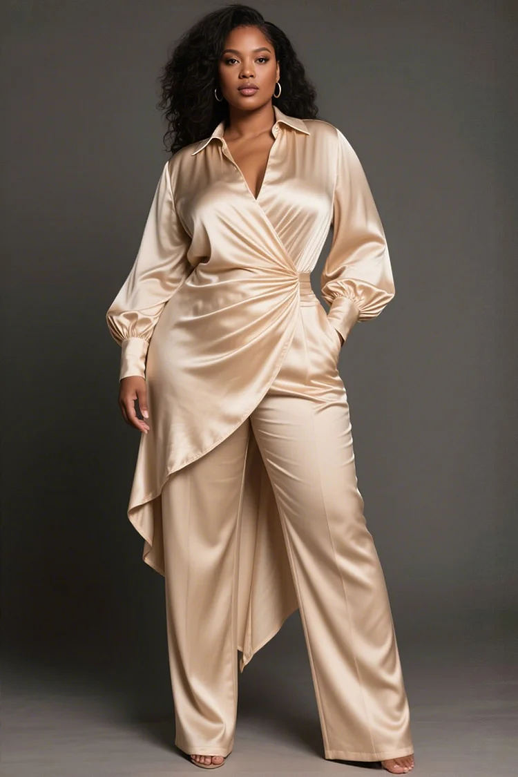 Xpluswear Design Plus Size Business Casual Champagne Shirt Collar Long Sleeve Pocket Elegant Asymmetric Hem Satin Two Piece Pant Sets [Pre-Order] 2024 - Xpluswear