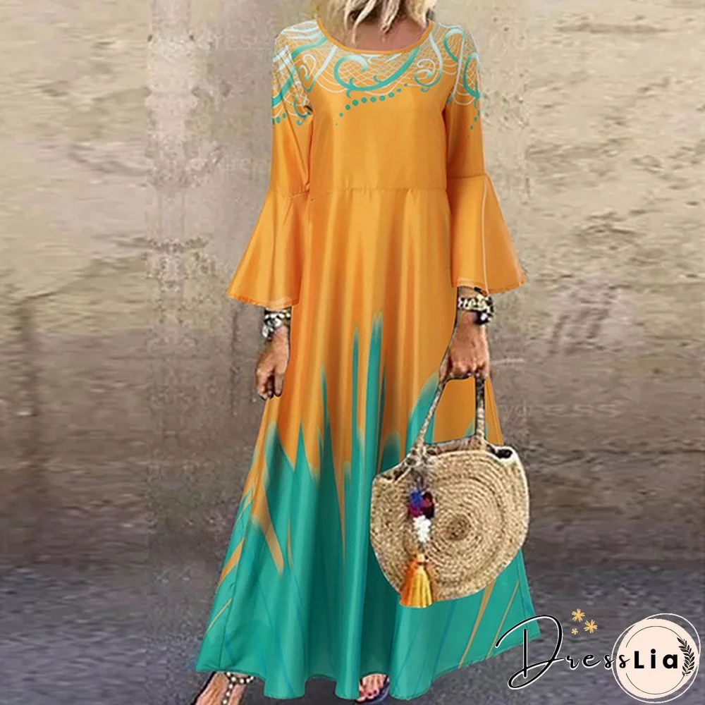 Women Kaftan Party Color Printed Long Shirt Dress Casual Flare Sleeve O Neck Slim Maxi Sundress