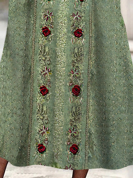 Women's 3/4 Sleeve V-neck Floral Printed Lace Stitching Midi Dress