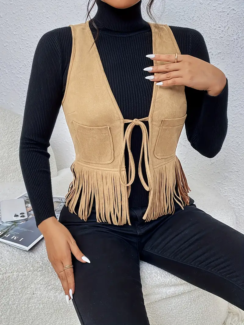 流苏领带前纯色背心,优雅无袖时尚背心,女装 详情 0