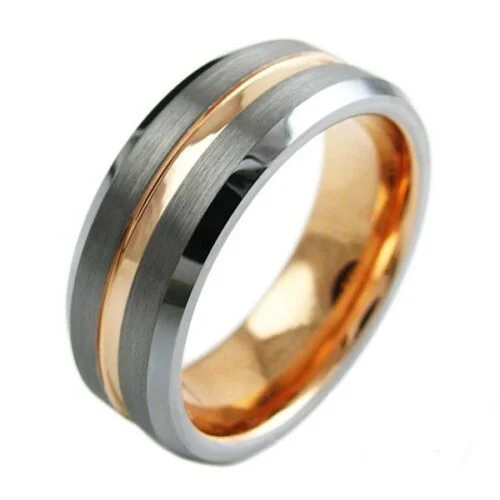 6MM 8MM Women's Or Men's Tungsten Carbide Wedding Matching Rings Gray Silver Top with Rose Gold Groove Center and Inside