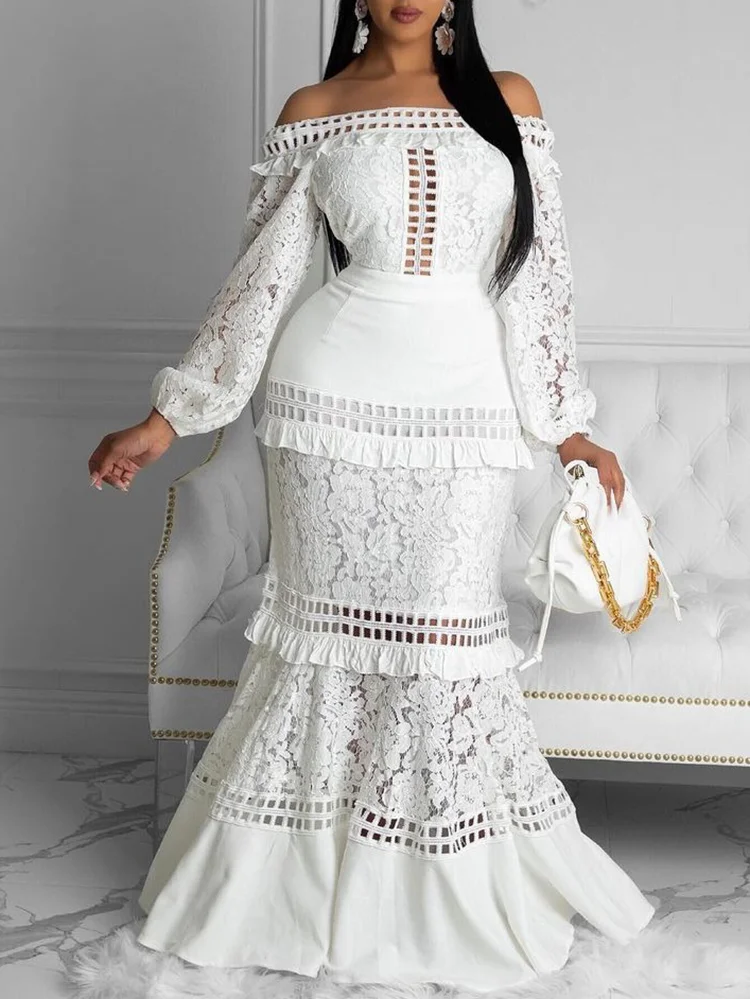 Lacy Solid Color Empire Long Sleeves Off-the-shoulder Maxi Dresses