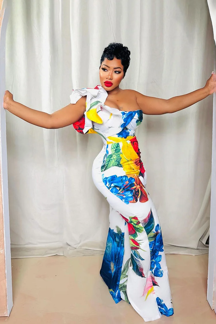 One Shoulder Ruffle Floral Print Party Wide Leg Jumpsuit-White [Pre Order]