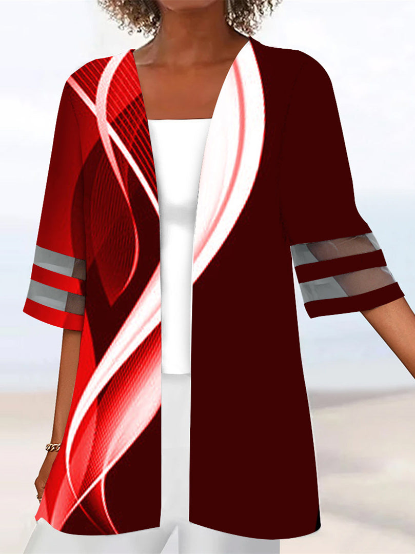 Women Half Sleeve Scoop Neck Striped Printed Colorblock Two-Pieced Tops