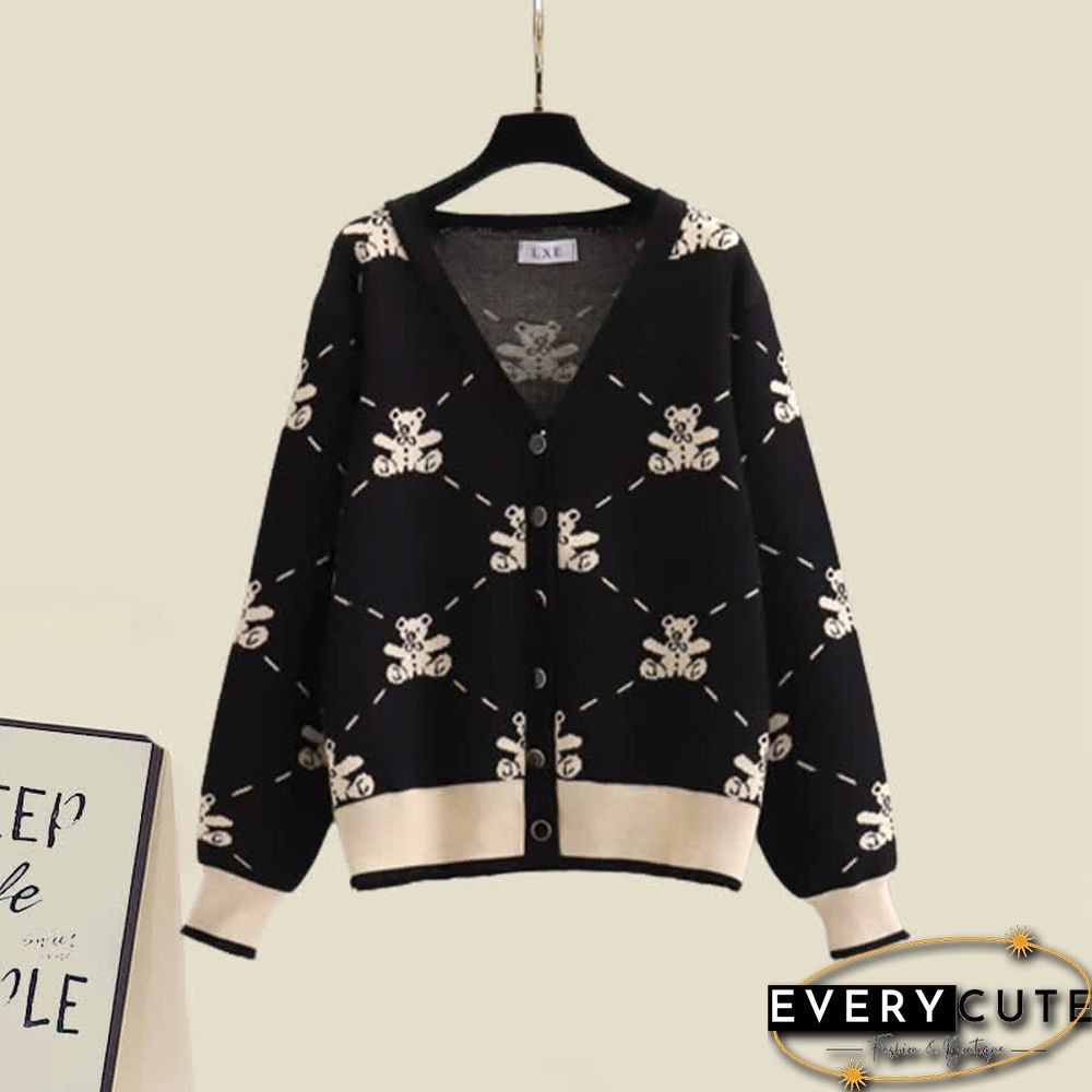 Plus Size Bear Print Cardigan Sweater Pants Two Pieces Set