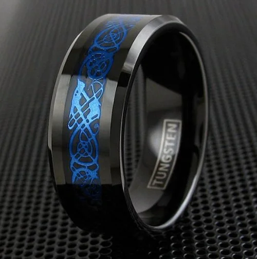 6MM 8MM Women or Men's Tungsten Carbide Wedding Rings Black Resin Inlay Sky Blue Celtic Dragon Knot