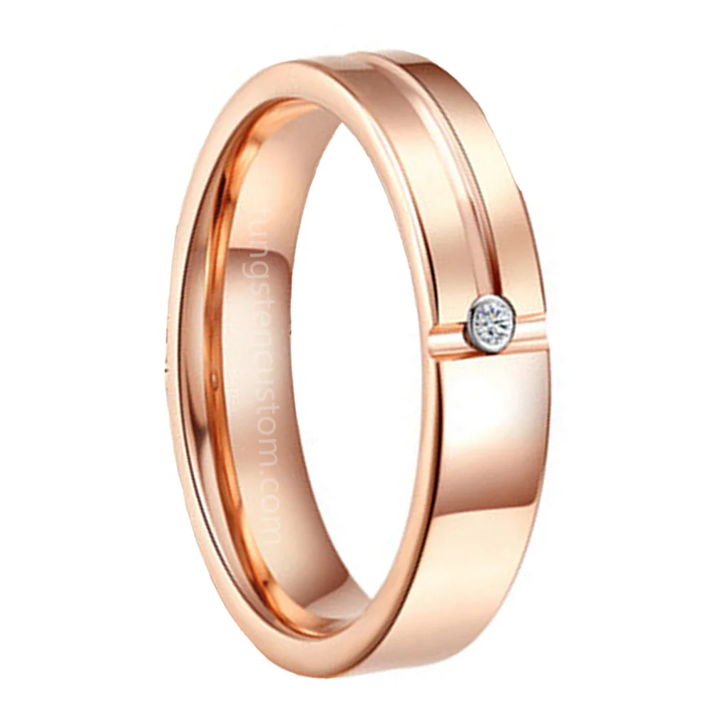 4MM Rose Gold Tungsten Carbide Wedding Rings with CZ Diamond For Unisex