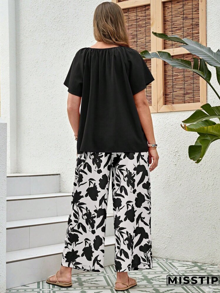 Plus Size Round Neck Pleated Solid Color Summer Top And Printed Pants 2pcs/Set