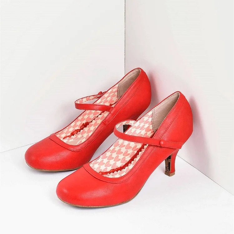 Cherry Red Retro Mary Jane Heels Pumps |FSJ Shoes