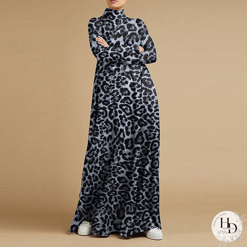 Women Holiday Leopard Print Long Sleeve Dress Ladies Baggy Long Maxi Shirt Dress