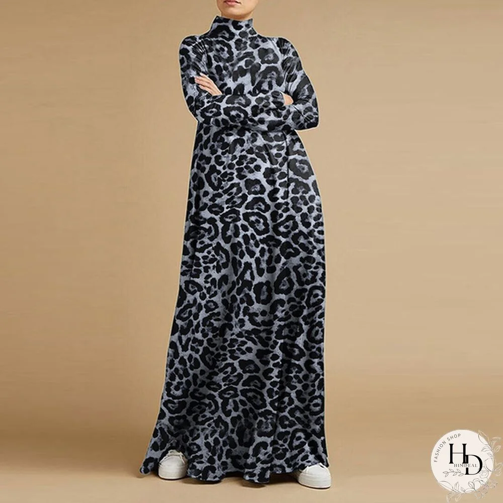 Women Holiday Leopard Print Long Sleeve Dress Ladies Baggy Long Maxi Shirt Dress