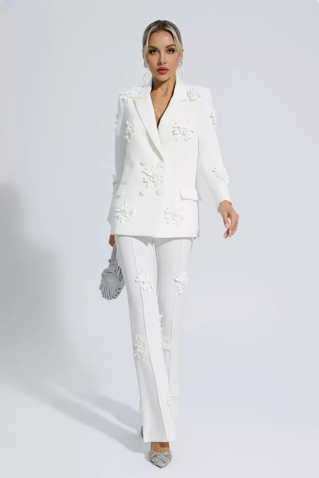 White Jacquard Floral Blazer Set
