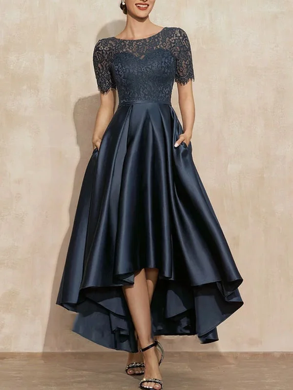A-Line Scoop Neck Asymmetrical Satin Lace Mother of the Bride Dress With Pockets