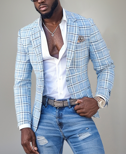 Plaid Print Chest Pocket Button Notch Lapel Blazer
