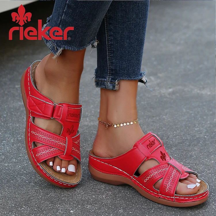 Rieker ny&aacute;ri alkalmi retro &eacute;kcipő vastag talp&uacute; val&oacute;di bőr egysoros női szand&aacute;l &eacute;s papucs