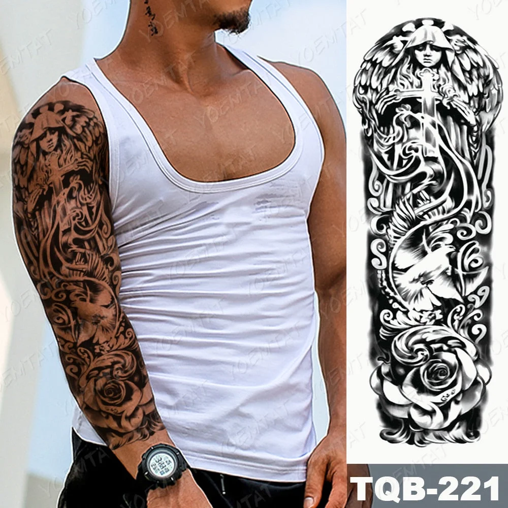 Large Arm Sleeve Tattoo Lion Cross Prayer Waterproof Temporary Tatto Sticker Tiger Beach Compass Body Art Full Fake Tatoo Men
