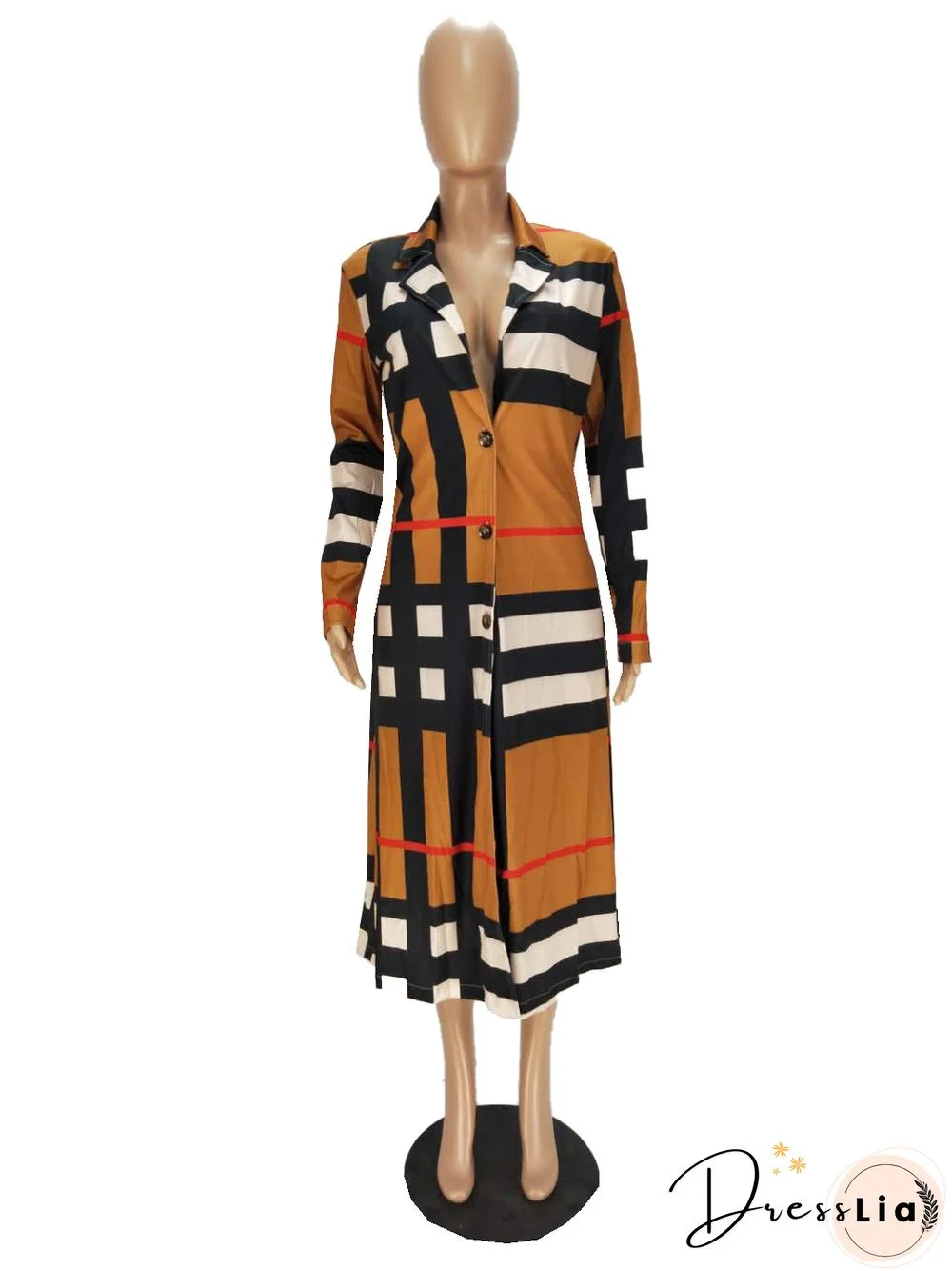 Women's Plaid Print Long-sleeved Lapel Long Coat