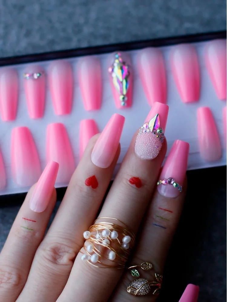 Middle length Coffin Ombre Pink Acrylic nails crystal DIY Style Art Fake nalis Tips Press on nails Cute girlfriend gift box set-Nail Inspo