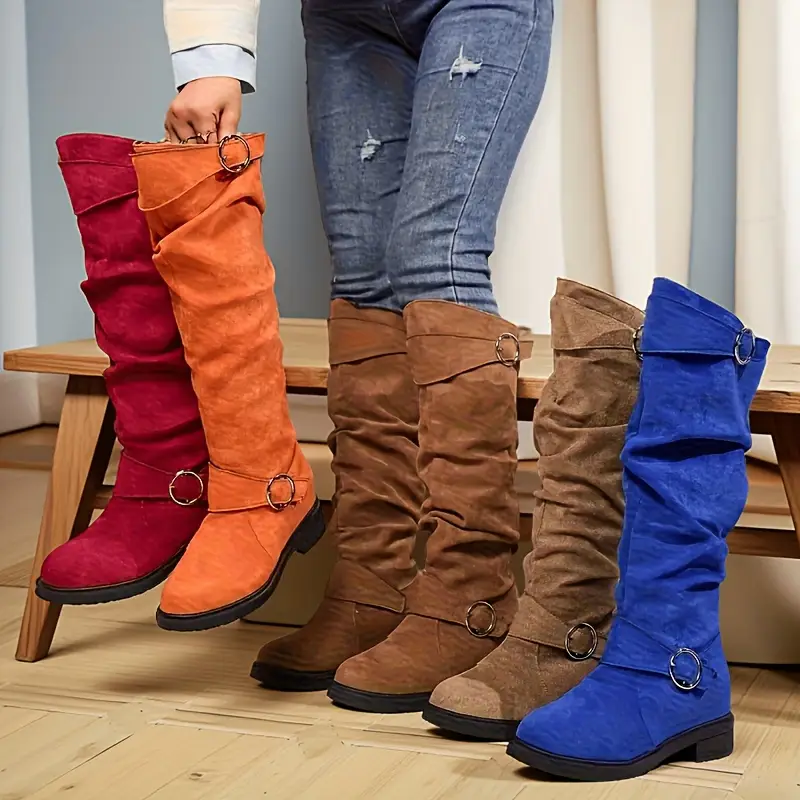 womens retro chunky heel calf boots with plush lining winter warm round toe pull on knee high boots in black blue soft synthetic cover cushioned insole versatile casual semi formal shoes for wear Product details 2