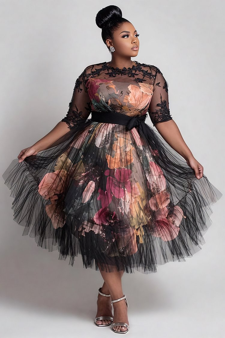 Xpluswear Design Plus Size Wedding Guest Satin Black All Over Print Round Neck Short Sleeve See Through Elegant Tulle Midi Dresses [Pre-Order]
