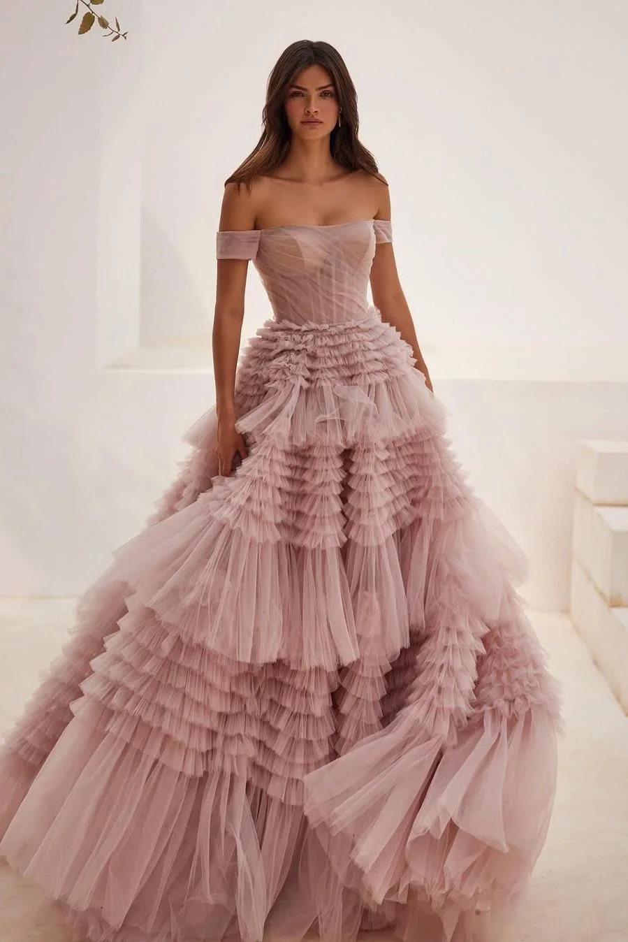 Amazing Blushing Pink Tulle Strapless Off the Shoulder Puffy Prom Dress with Ruffles | Wiwidress 