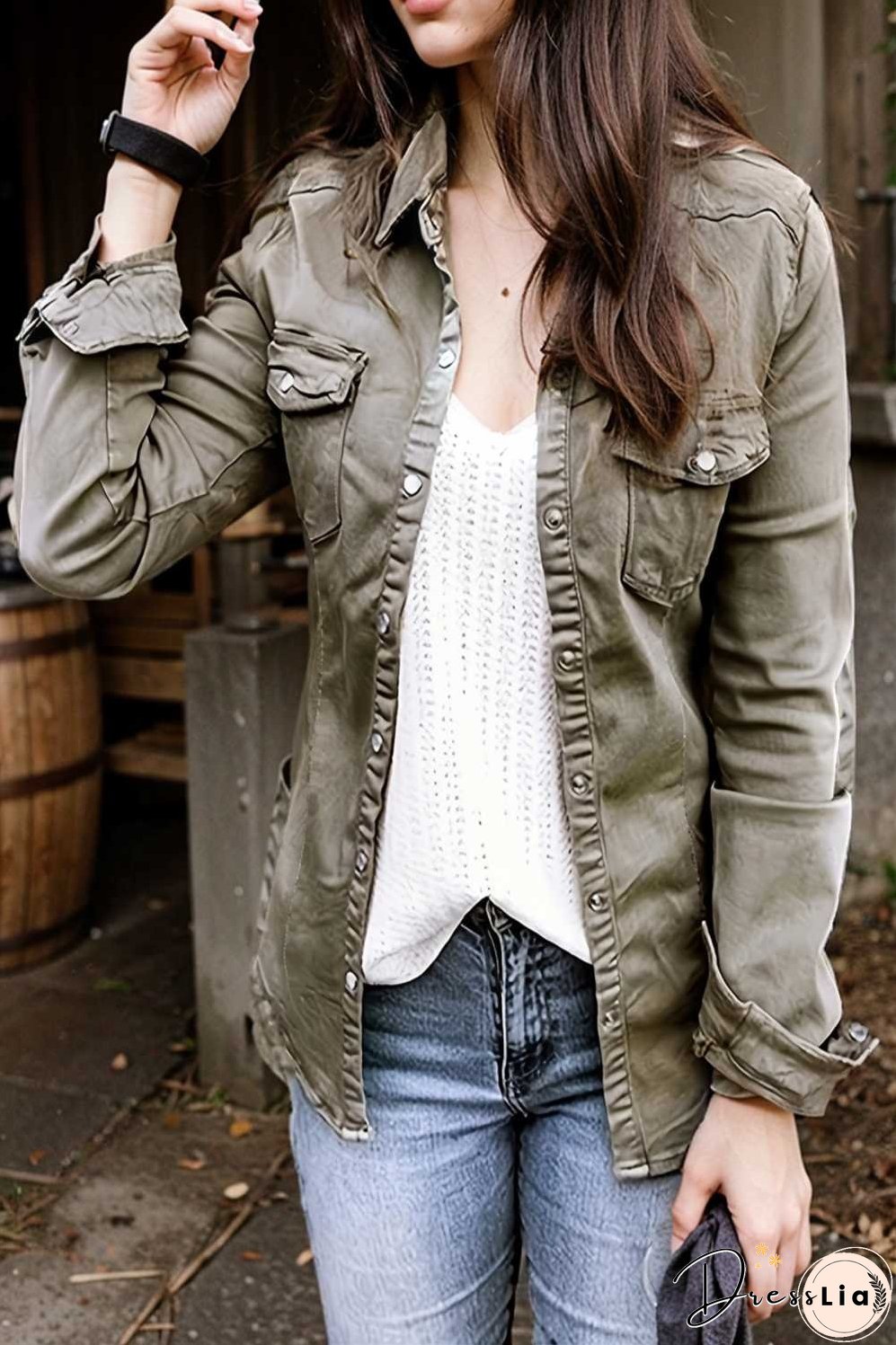 ruched trim button up long sleeve collared casual jacket