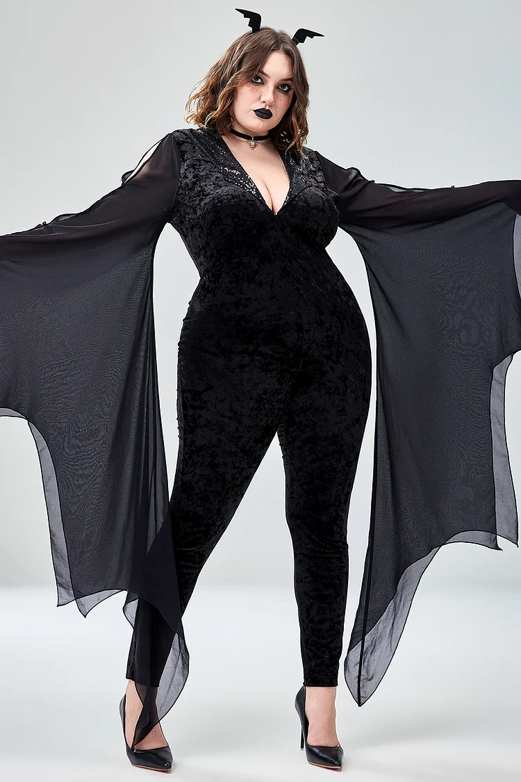 Xpluswear Design Plus Size Halloween Costume Black Midnight Bat Velvet Jumpsuit [Pre-Order]
